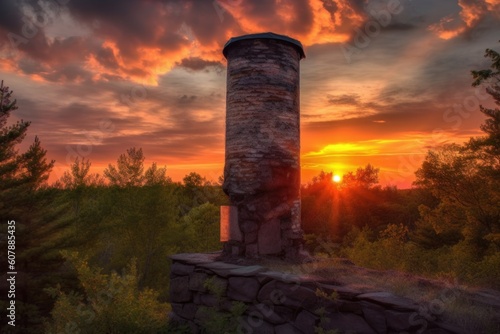 a chimney in the midst of a beautiful sunset, with rays of color shining through, created with generative ai