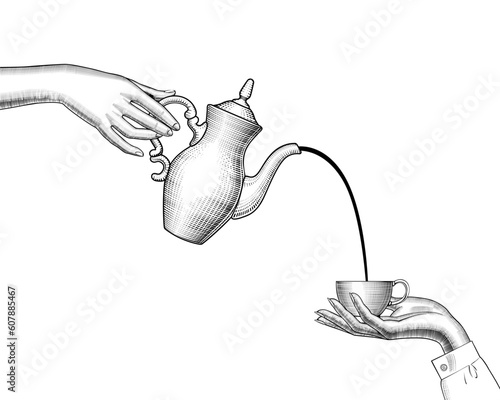A woman's hand with a coffee pot pours coffee into a cup. The topic of coffee making. Vintage stylized drawing for a coffee shop. Vector illustration photo