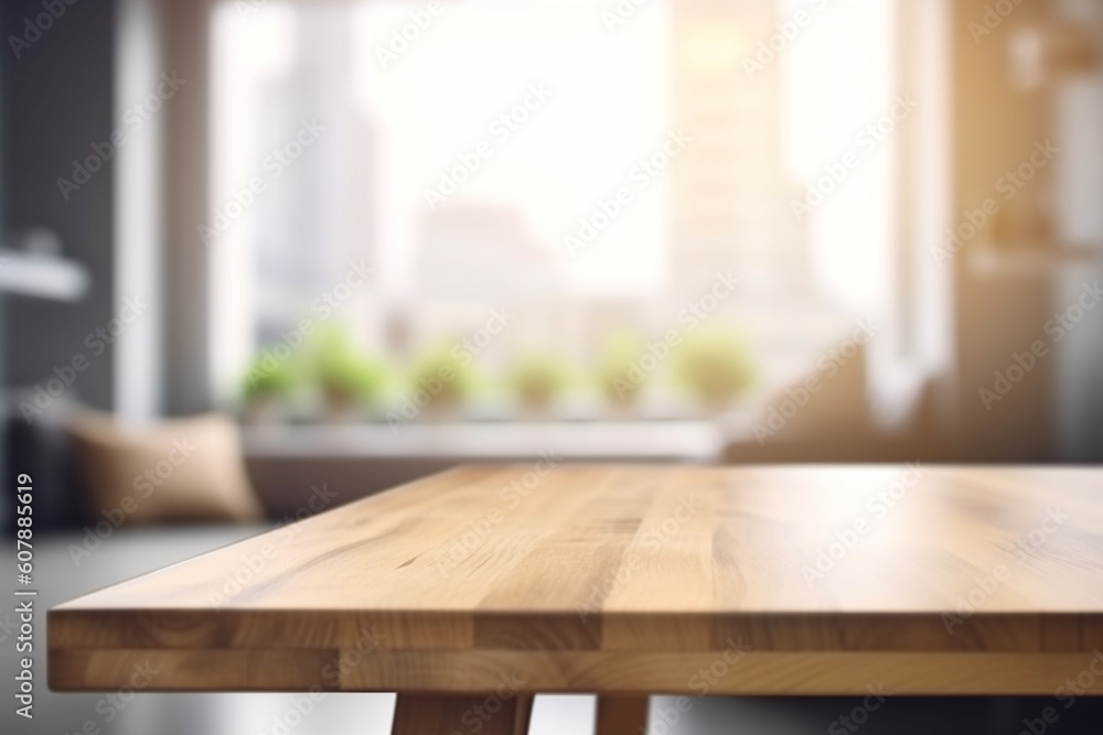Wooden kitchen table platform in apartment for product or food display, blurred background Wooden kitchen table platform in apartment for product or food display, blurred background