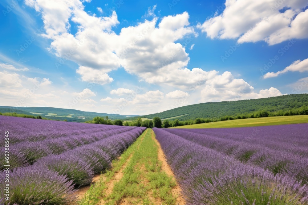 lavender field with rolling hills and a blue sky, created with generative ai