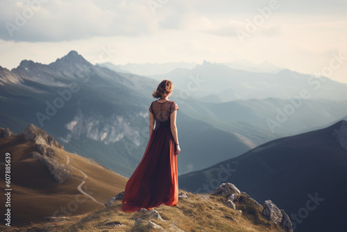 Woman wearing a dress on top of mountain watching the panoramic landscape view