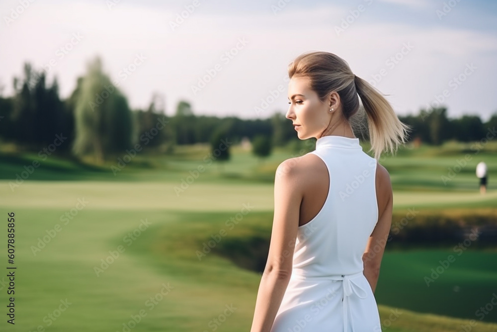 Woman wearing a dress walking on golf course Woman wearing a dress walking on golf course