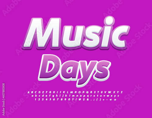 Vector artistic poster Music Day. Violet and White creative Font. Set of modern Alphabet Letters  Numbers and Symbols