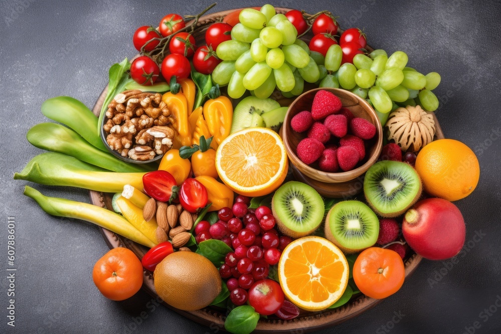 plate of fresh fruits, vegetables, and nuts for a healthy immune system, created with generative ai plate of fresh fruits, vegetables, and nuts for a healthy immune system, created with generative ai