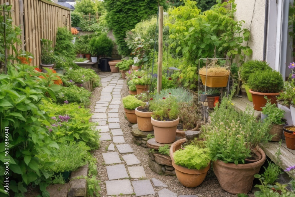 diy garden with stone paths, pots of herbs and hanging baskets, created with generative ai
