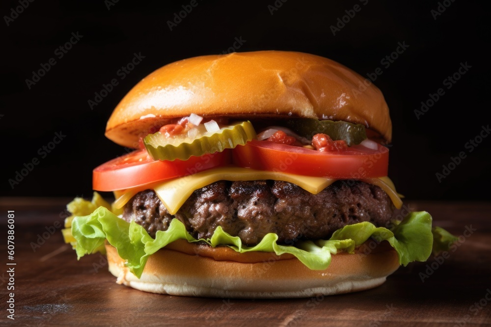 classic burger with lettuce, tomato, and pickles on a toasted bun, created with generative ai classic burger with lettuce, tomato, and pickles on a toasted bun, created with generative ai