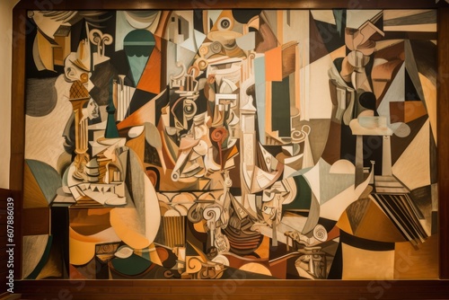 cubist-inspired mural, depicting disparate images and objects in a single scene, created with generative ai