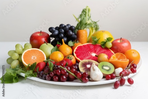 plate of colorful fruits and vegetables  with white plate background  created with generative ai