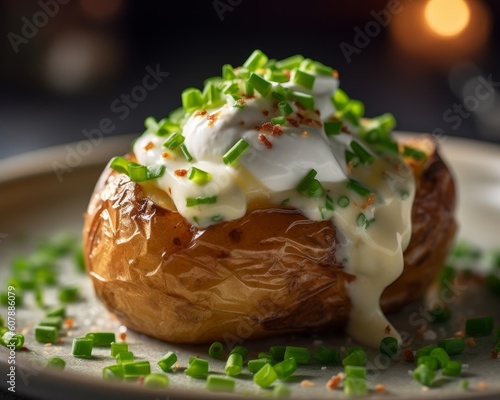 Crème fraîche dolloped on top of a baked potato with chives