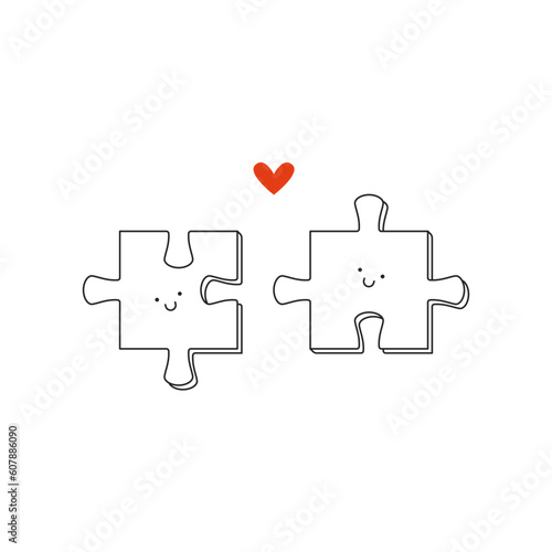 Puzzle pieces match. Abstract line jigsaw details couple in love metaphor, cute simple characters. Vector illustration