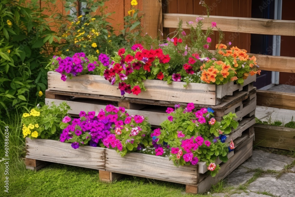 diy garden project with a re-purposed pallet and vibrant blooms, created with generative ai