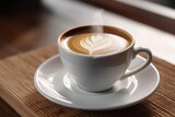 Beautifully presented cup of hot espresso or cappuccino coffee with fascinating latte art served in white cup with blurred background. AI Generated
