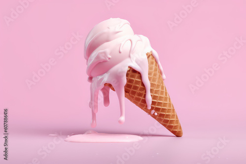 Fototapeta Close-up of melting milk cute ice cream in a waffle cone, isolated on a flat pink background with copy space