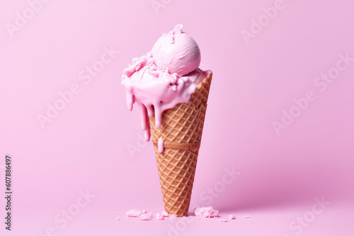 Close-up of melting tasty ice cream in a waffle cone, isolated on a flat pink background with copy space. Creative concept for summer cold desserts. Generative AI 3d render illustration imitation.