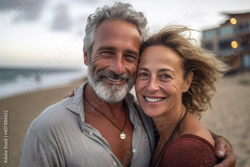 Middle age cuddling couple enjoying time on beach