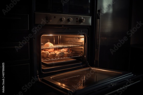 oven with warm glow and steam escaping, ready for baking or roasting, created with generative ai