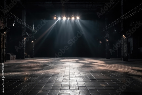 spotlights shine on stage floor in dark room © Tidarat