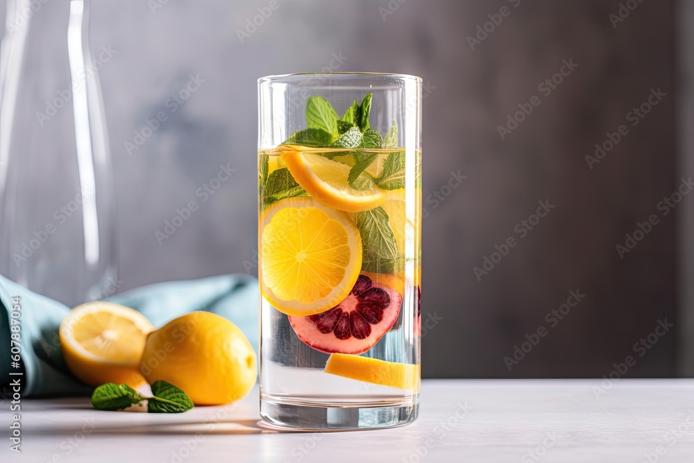 Fototapeta premium glass of fruit-infused water with slice of lemon and mint, created with generative ai