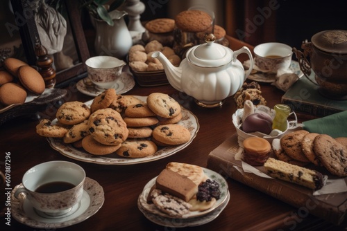 platter of cookies and biscotti surrounded by tea cups and teapots for afternoon tea, created with generative ai