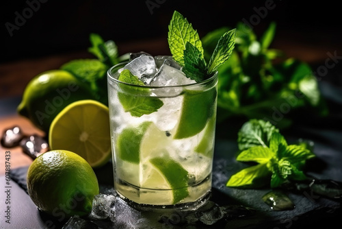 Mojito cocktail with lime and mint. AI