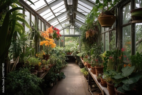 greenhouse filled with lush  tropical vegetation and exotic flowers  created with generative ai