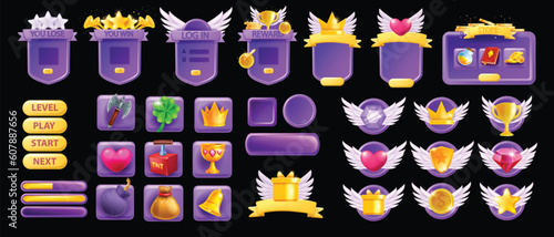 3D UI game asset set, GUI button interface vector design elements, mobile video app icon menu kit. Golden crown, winner star badge, window banner frame, level up border ribbon. UI game prize indicator