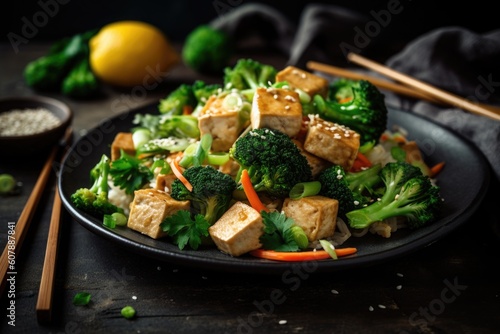 tofu and vegetable stir-fry with sesame sauce, inspired by japanese and chinese cuisine, created with generative ai