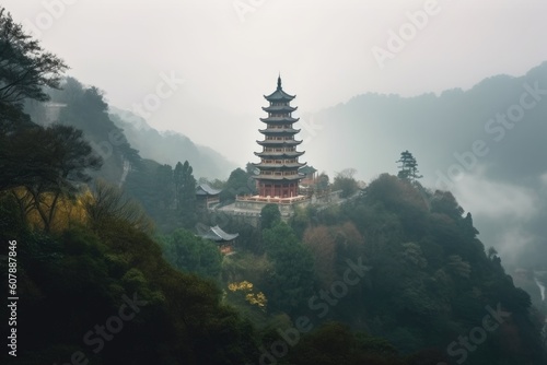 majestic china pagoda rising above misty mountain range, created with generative ai