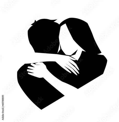 Romantic embrace of two lovers black and white icon, newlyweds, young people. Loving couple hugging vector silhouette., valentines day. The concept of emotional support, comfort someone.