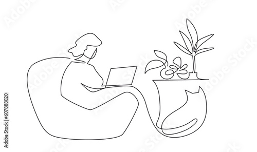 Woman talking on phone continuous one line vector drawing. Girl sitting at table with laptop hand drawn female silhouette. Studying at home, remote job, freelance. Minimalistic contour illustration