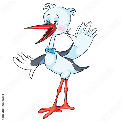 cartoon illustration, cute stork with a red bow-tie affably flaps its wing, isolated object on a white background, wind,