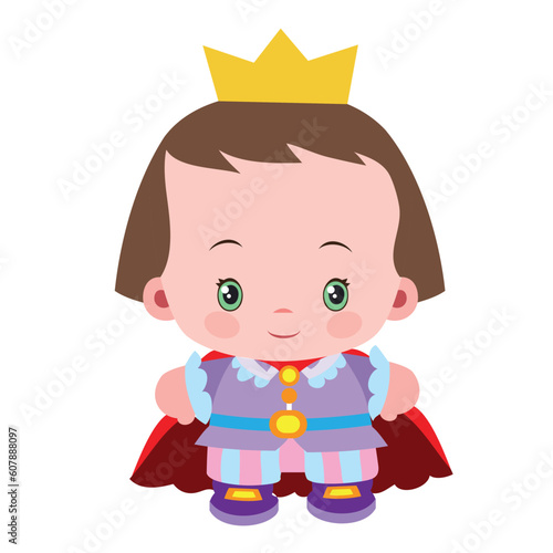 cartoon illustration, sweet prince with a big head with a crown on his head and in a cloak, isolated object on a white background, vetor,