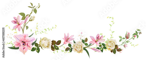 Panoramic view: bouquet of white roses, lilies, spring blossom. Horizontal border for Mothers Day or wedding invitation. Gentle realistic illustration in watercolor style on light background. Vector