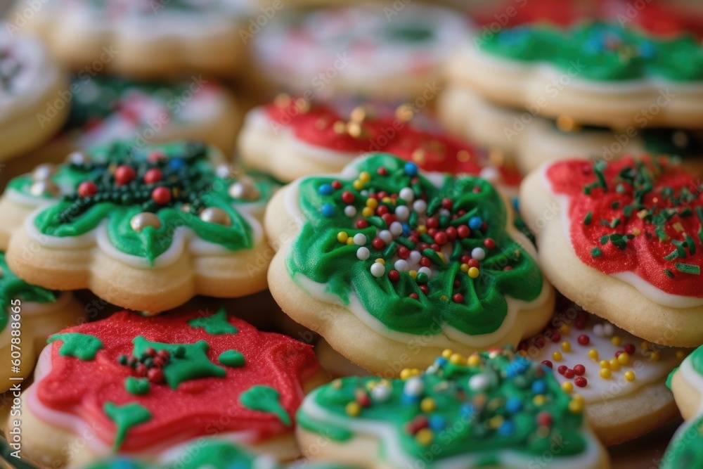 pile of holiday cookies, frosted and decorated in festive colors, created with generative ai