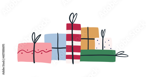 Big pile or stack of colorful gift boxes, hand drawn flat vector illustration isolated on white background. Presents  for Christmas or birthday holiday celebration.