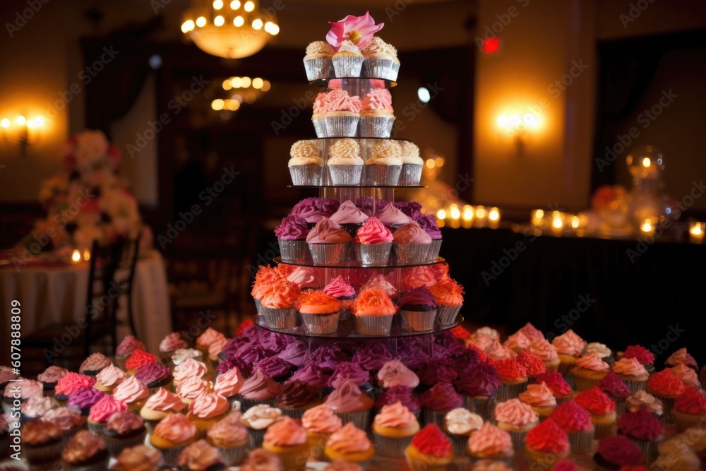 beautiful and intricate cupcake tower, with each layer showcasing different flavor and design, created with generative ai