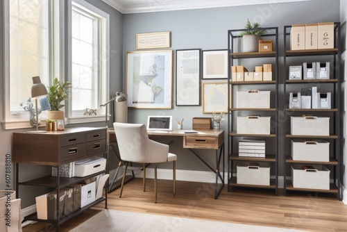 home office with tidy and organized desk, filing system, and clutter-free zone, created with generative ai