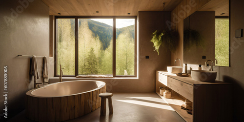luxurious bathroom with beautiful views of nature  fictional interior made with generative ai