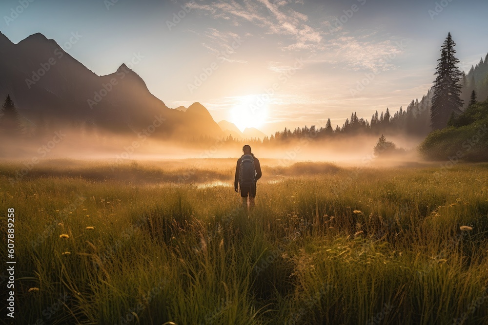 man enjoying a sunrise hike through the misty meadow, with mountain peaks in the background, created with generative ai