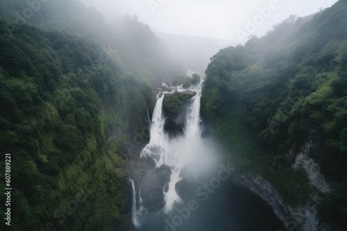 aerial view of beautiful waterfall, with drone hovering above the mist, created with generative ai