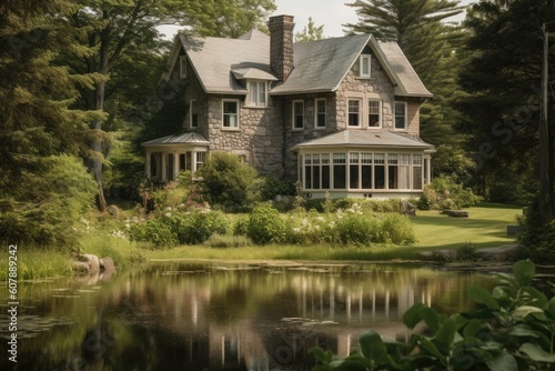 a grand old house with its chimney surrounded by lush greenery and a peaceful lake in the background, created with generative ai