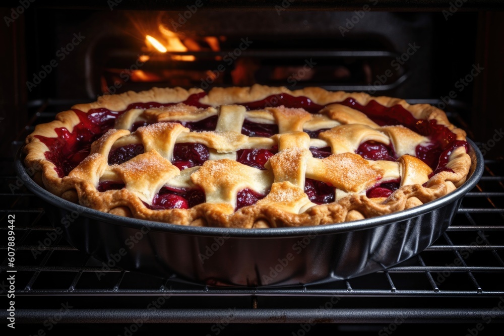cherry pie baking in the oven, filling the kitchen with warm and sweet smells, created with generative ai cherry pie baking in the oven, filling the kitchen with warm and sweet smells, created with generative ai