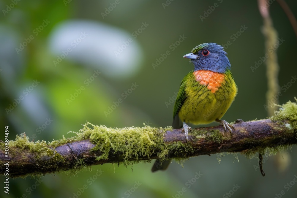colorful bird perched on tree branch, with view of forest canopy, created with generative ai colorful bird perched on tree branch, with view of forest canopy, created with generative ai