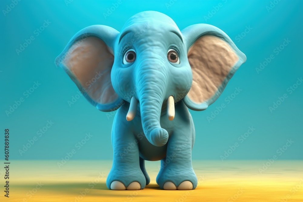 Funny image of a 3D cartoon elephant in blue and yellow colors with a blue background. Generative AI Funny image of a 3D cartoon elephant in blue and yellow colors with a blue background. Generative AI
