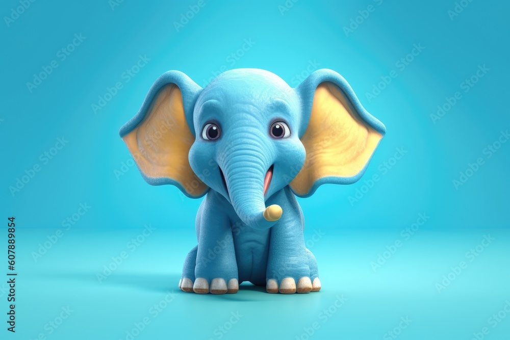Funny image of a 3D cartoon elephant in blue and yellow colors with a blue background. Generative AI Funny image of a 3D cartoon elephant in blue and yellow colors with a blue background. Generative AI