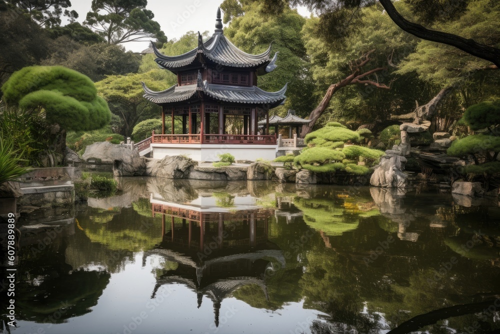 peaceful pond with china pagoda reflected in the water, created with generative ai peaceful pond with china pagoda reflected in the water, created with generative ai