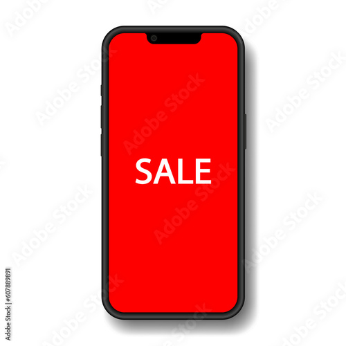 Sale banner on a phone screen. Social media promotion. Advertising on a smartphone display. Red background	