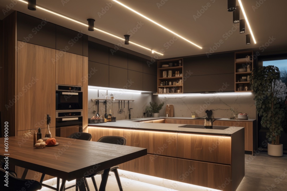 a kitchen with lighting from above and below, creating a warm and cozy atmosphere, created with generative ai a kitchen with lighting from above and below, creating a warm and cozy atmosphere, created with generative ai