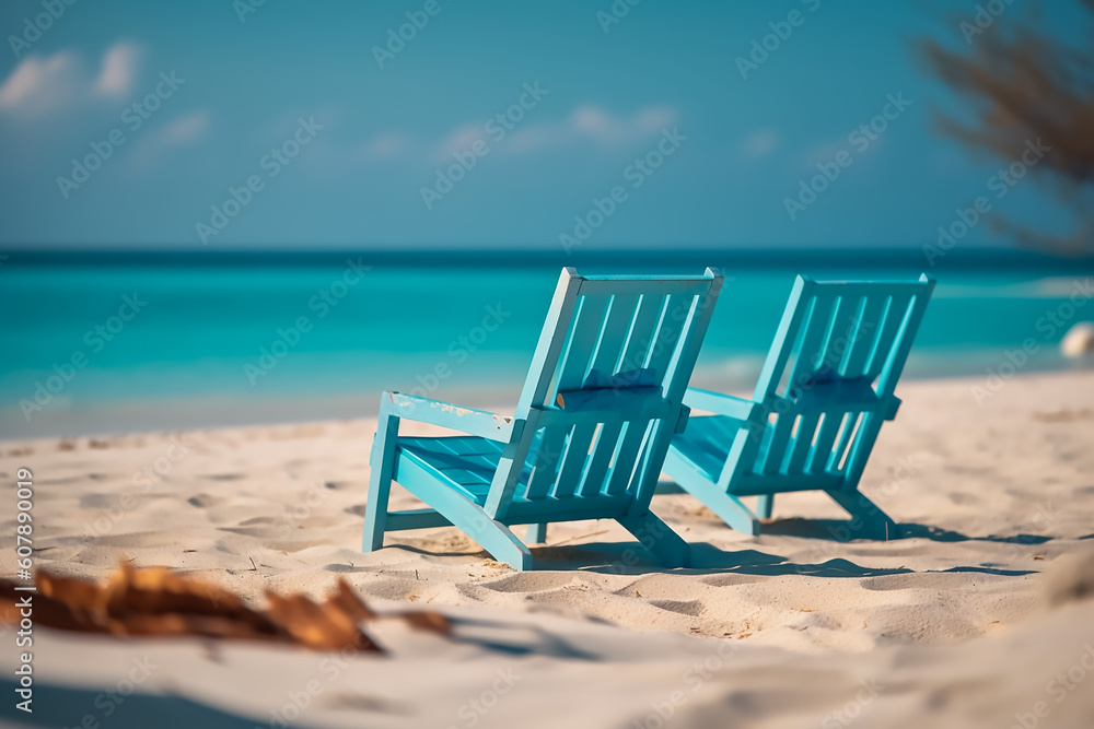 A beautiful pair of lounge chairs lying on the beach A beautiful pair of lounge chairs lying on the beach