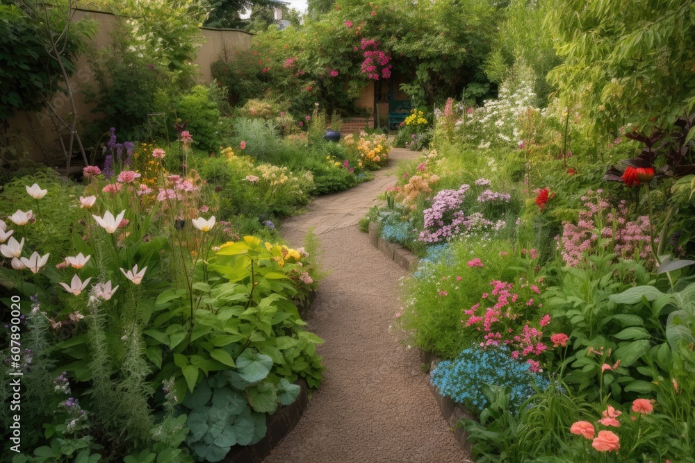 a garden with a variety of greenery and flowering plants, created with generative ai a garden with a variety of greenery and flowering plants, created with generative ai
